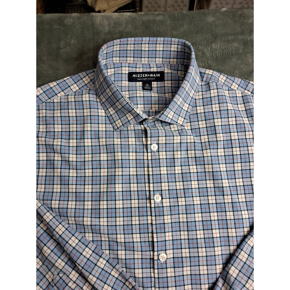 Mizzen+Main Lightweight Leeward Dress Shirt Mens XL Trim Blue Plaid Performance - Picture 5 of 11